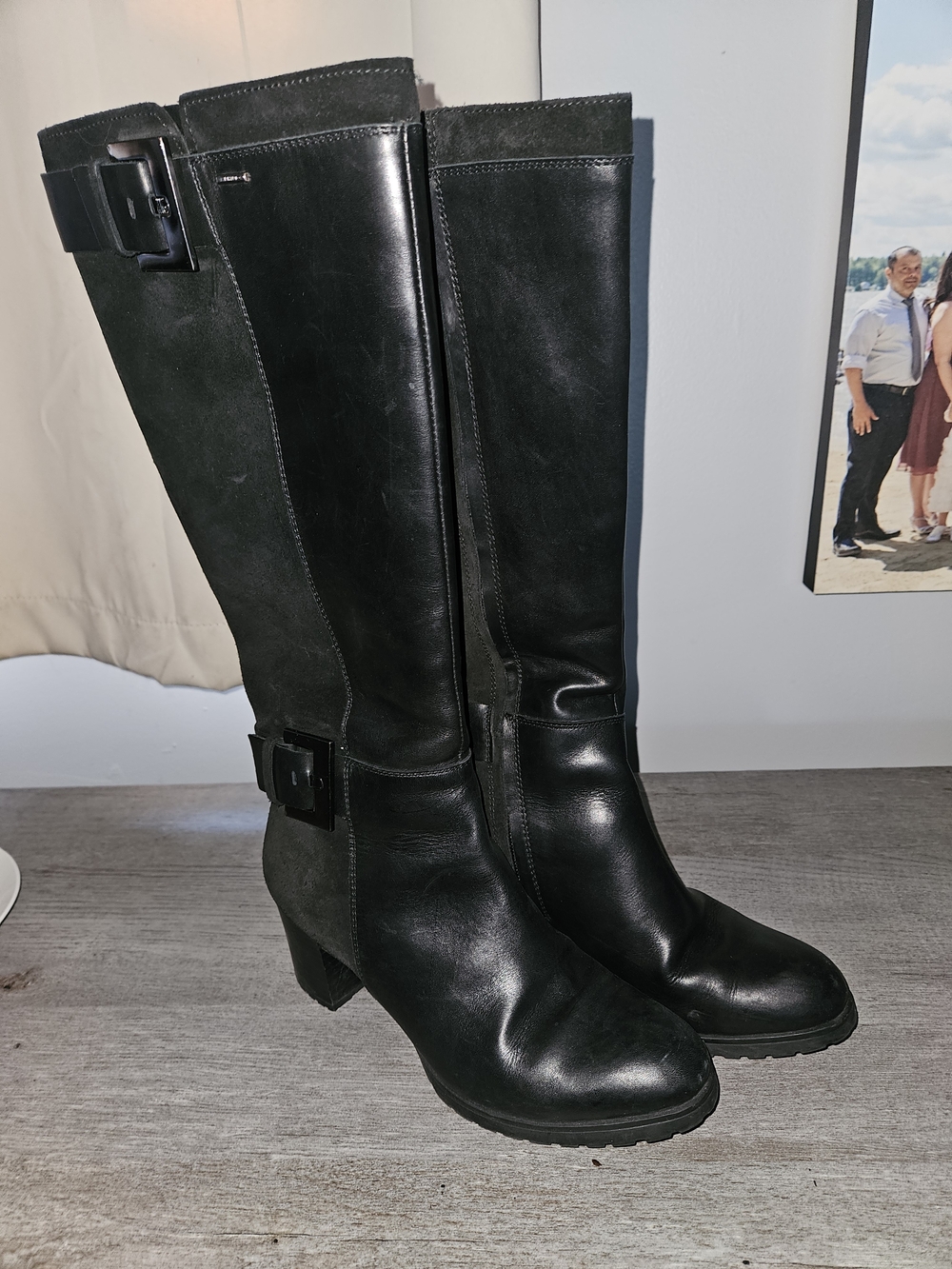 Geox Black Knee-High Leather Heeled Boots with Buckle Detail